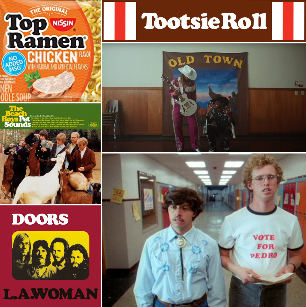 Collage of applications of Cooper Black. It includes Top Ramen, "Pet Sounds" by The Beach Boys, "L.A. Woman" by The Doors, Tootsie Roll logo, a screen capture of Lil Nas X's "Old Town Road" music video, and a screen capture of the "Vote for Pedro" shirt from "Napoleon Dynamite"