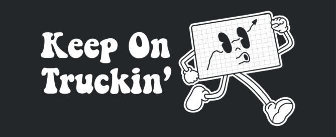 Keep on Truckin' text with cartoon stock market graph running away