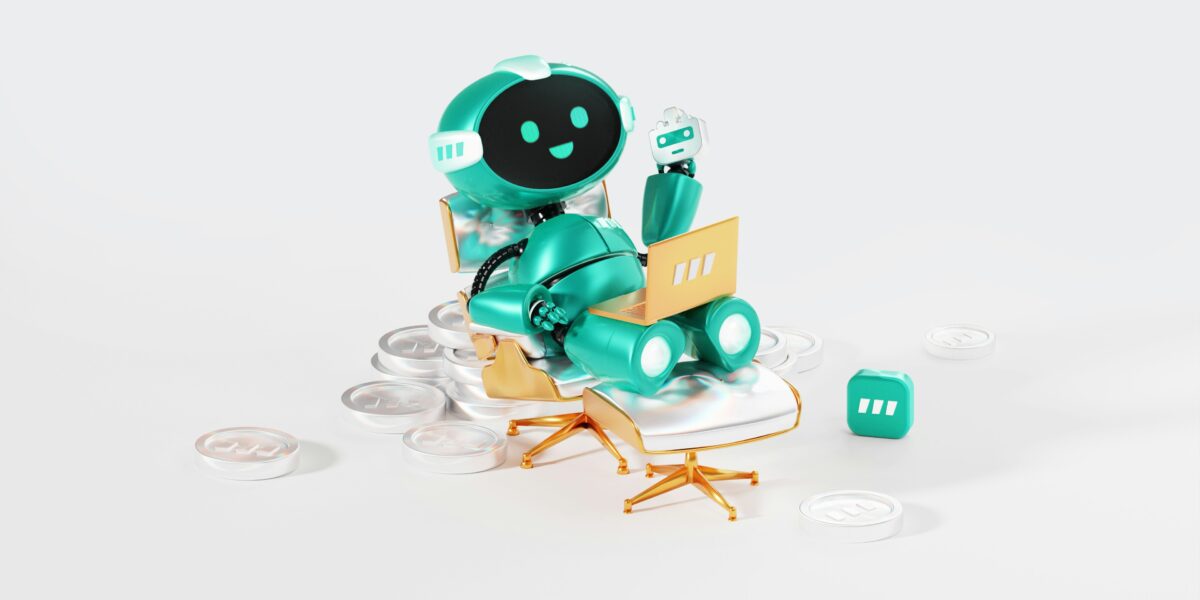 little green smiling robot using a laptop