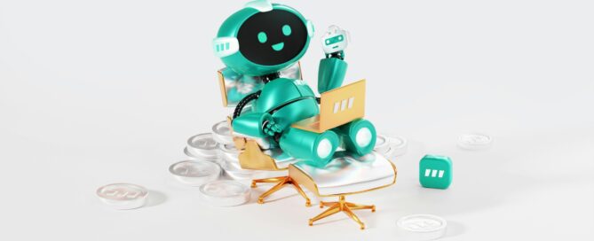 little green smiling robot using a laptop