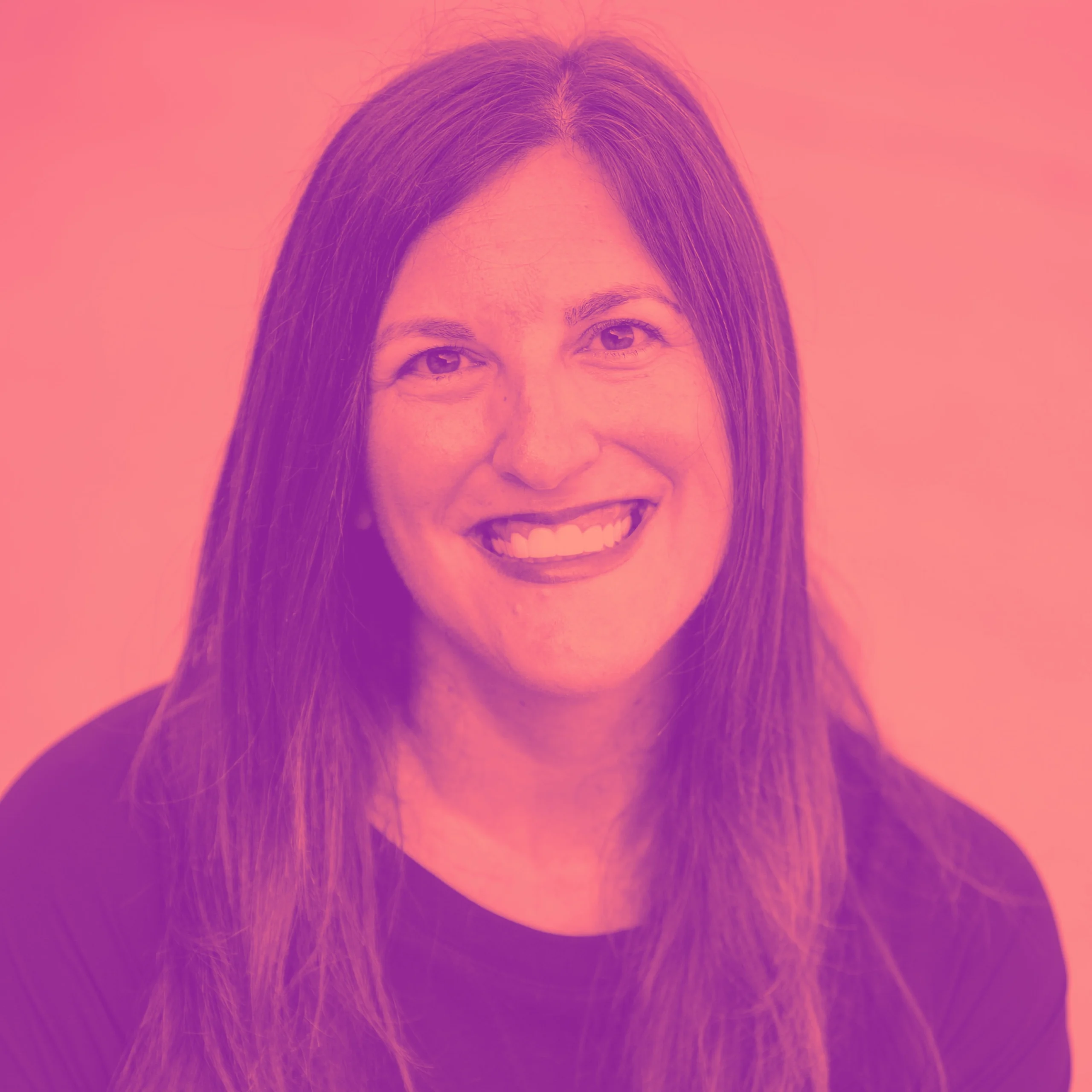 Jess_G_Duo Professional headshot of woman with long dark hair and pink-magenta duotone treatment