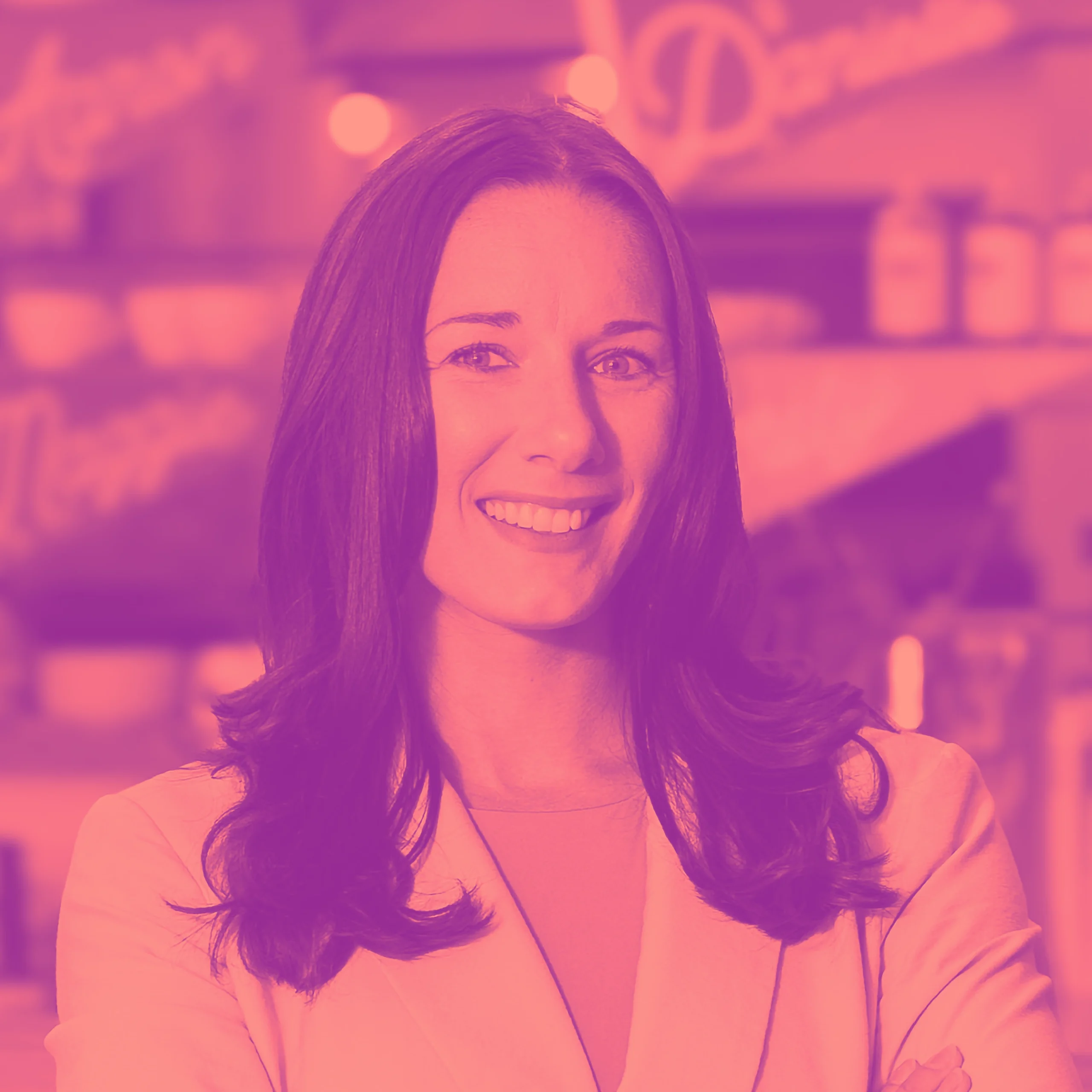 Victoria_K_Duo Professional headshot of woman in light blazer with pink-magenta duotone treatment