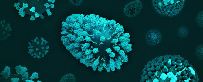 3D digital illustration of virus particles in dark teal against a deep teal background