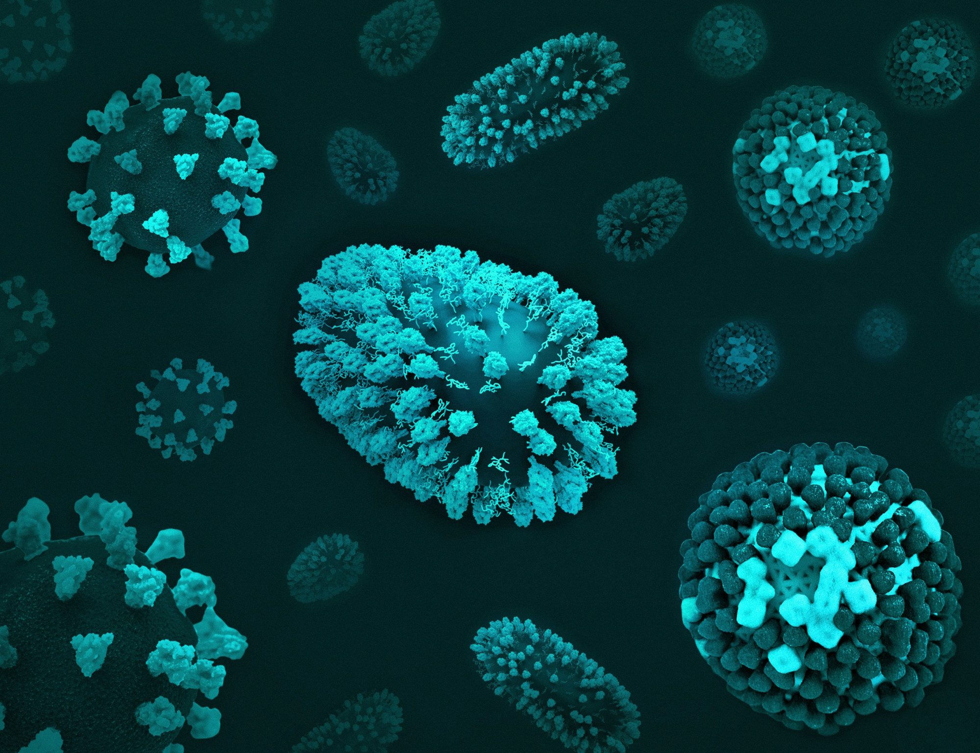 3D digital illustration of virus particles in dark teal against a deep teal background
