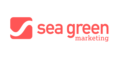 seagreen Sea Green Marketing logo in coral red-orange with wave icon on white background