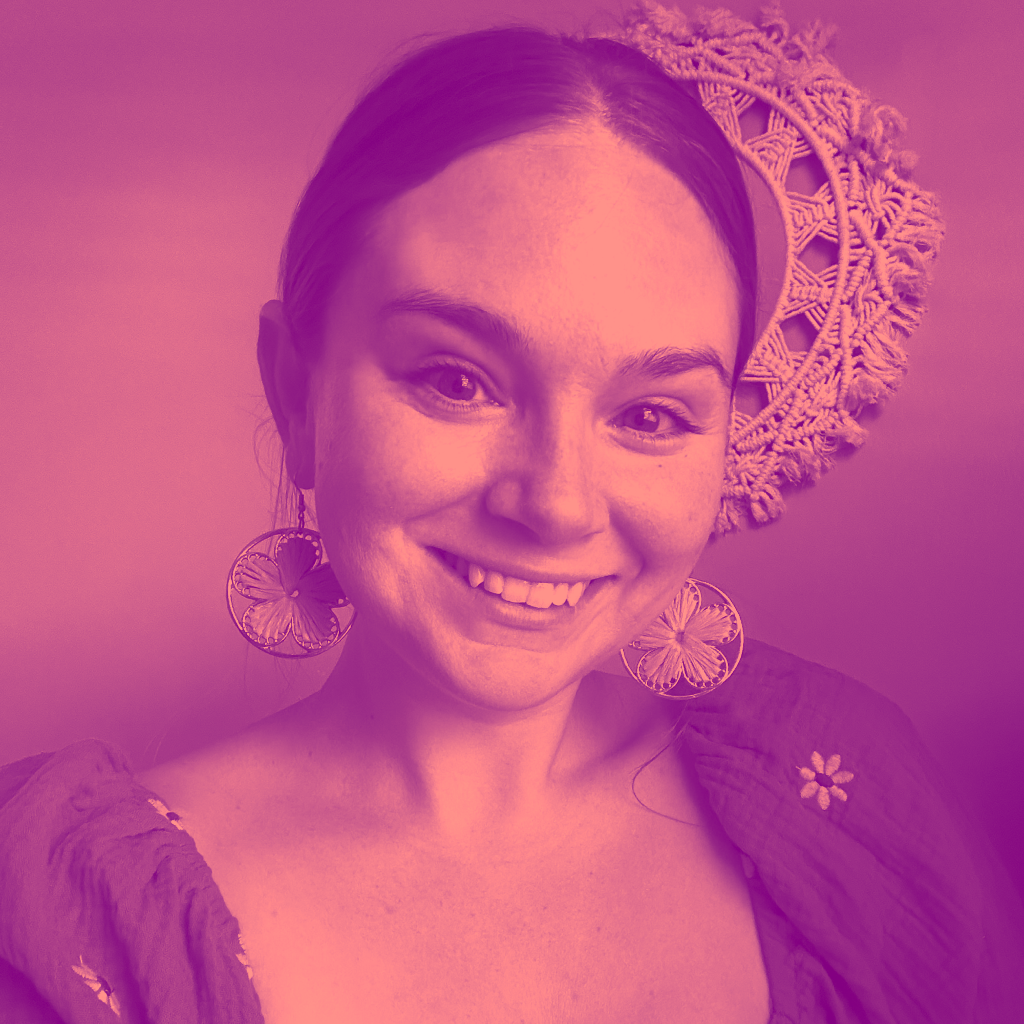 Becca1 Smiling woman with macrame headpiece and hoop earrings with pink-to-magenta duotone treatment